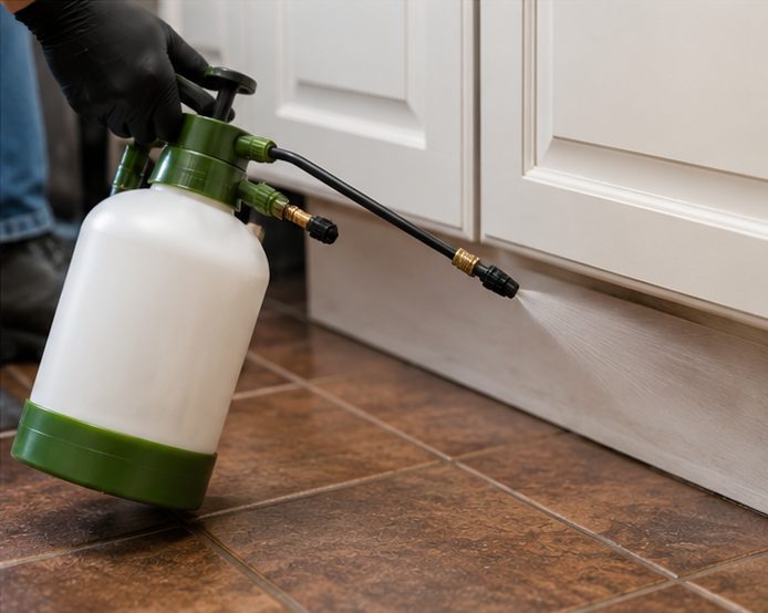 Professional ant treatment applied at the base of kitchen units where ants are entering