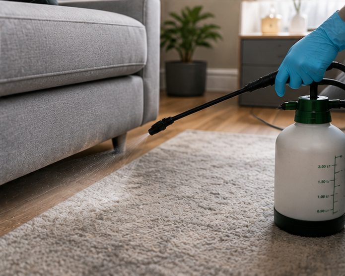 Professional flea treatment being applied to carpet and beneath furniture