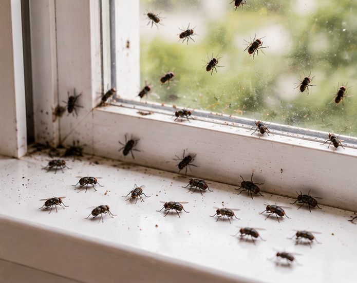 Flies gathered on food waste, a common breeding source