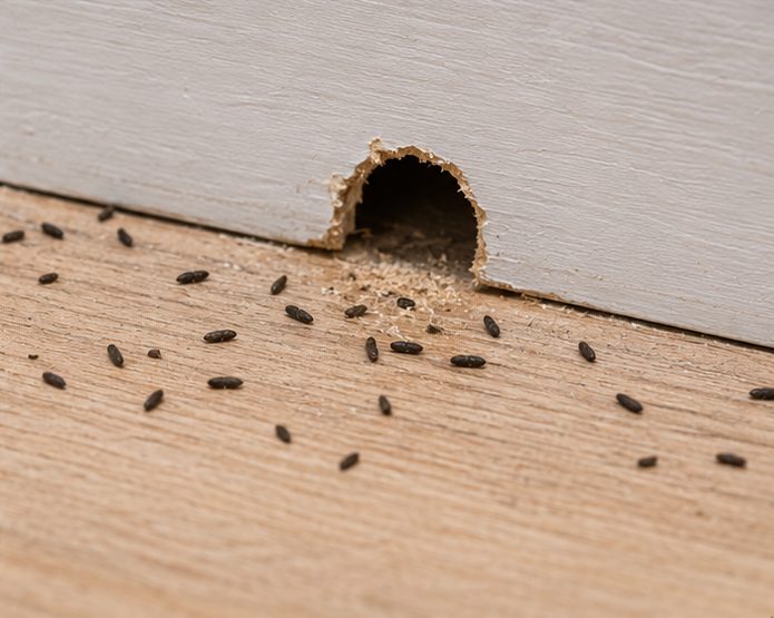 Mouse droppings beside a gnawed hole at the base of a skirting board
