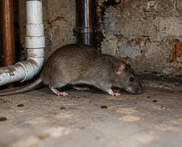Brown rat travelling along pipework, one of the routes rats use to move through a building
