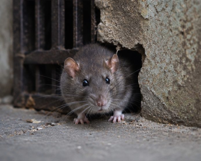 Brown rat pushing out through a gap beside a metal air brick at the base of an external wall