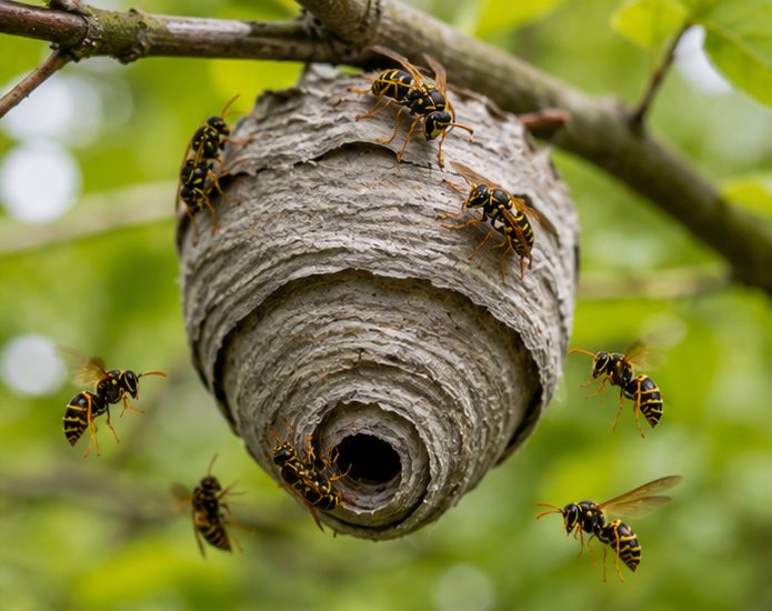Active wasp nest with common wasps at the entrance
